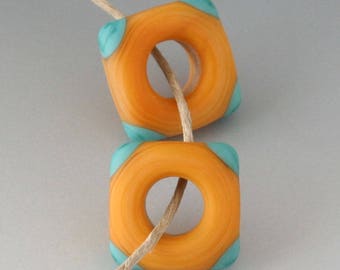 Southwest Disk Square Pair - (2) Handmade Lampwork Beads - Turquoise, Pale Orange - Etched, Matte