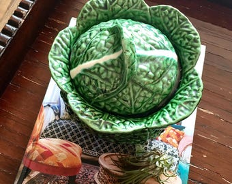 Vintage Cabbage Majolica Canister / Lidded Jar / Lettuce Ceramic