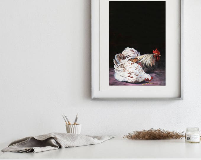 Rooster and Hen Matte Print - Various sizes | Rooster Print, Rooster Artwork, Rooster Wall Art, Kitchen Decor, Farm Wall Art