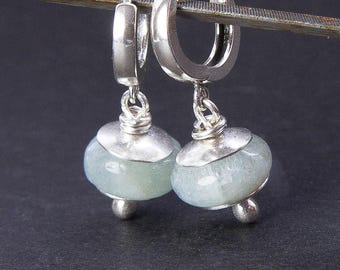 Ready to Ship: Aquamarine Hoop Earrings. Petite Sterling Silver Earrings. March Birthstone. Raw Aquamarine Jewelry. Women. Gift Under 50