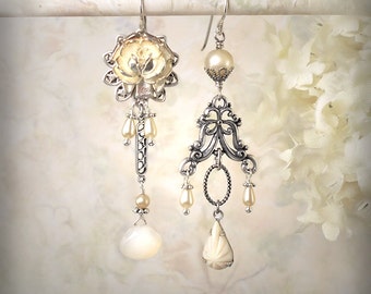 Cream Rose Asymmetrical Earrings Ivory Rose Flower Earrings Silver and Off White Gemstone Earrings Vintage Pearl Earrings Garden Wedding