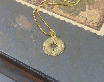Going Places. Gold Compass Necklace. 16k yellow gold plated. modern. delicate. whimsical. layering necklace.
