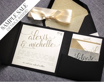 Black and Gold Wedding Invitations, B'not Mitzvah Invitation, Glitter Party Invitation, Pocketfold Invitations - "Playful Calligraphy" PF-NL