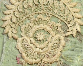1 antique cotton guipure lace tulle trim ecru intricate wedding dress dolls ribbonwork fine 4.5x5.5" deep aged 3-d elements tulle applique