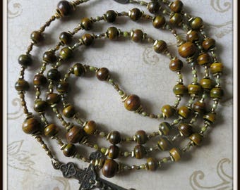 Mans Handmade Catholic Rosary in Burnt Horn in Bronze