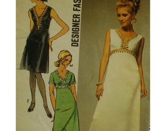 Empire Waist Dress Pattern, Evening Wear, V-neck, A-line Skirt, Braid Trim, 70s, Sleeveless, Simplicity No. 9064 Size 16 (Bust 38" 97cm)