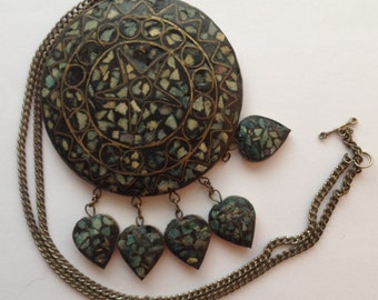 Sale Vintage Large Crushed Turquoise Pendant Necklace with Heart Dangles