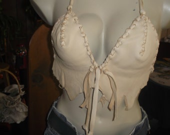 Hand Laced Ivory Deerskin Raunch Bra Top Bralette Short Halter