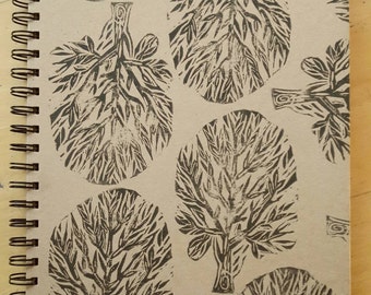 Tree Spiral Notebook// A4 Lino Print Block Lined Journal || Kraft Recycled Printed Stationery