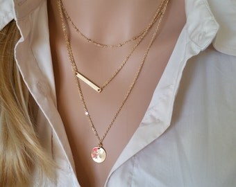 Monogram Gold Layering Necklace, Layered Necklace, Skinny Bar Stacking Necklace Stacked Necklace Layer Necklace Multi Strand Necklace Bar 26