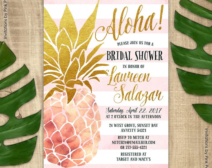 Pineapple Invitation, Bridal Shower Invitation, Pink and Gold Pineapple Invitation, Aloha Luau Hawaiian Printable Invitation