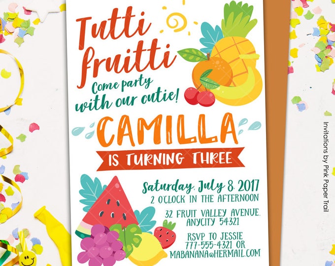 Tutti Fruity Birthday Invitation, Tropical, Fruity Party, Pineapple Watermelon Orange Lemon Stawberry Birthday Party Printable Invitation