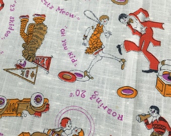 Vintage Roaring 20's Fun Linen Blend Fabric 44" w x 42"- 1920's motif linen fabric, flapper dancers, dancer fabric, roaring 20's motif