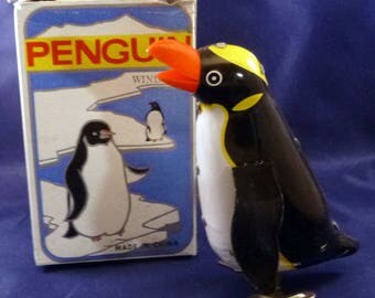 Vintage Blic Rock and Roll Penguin Tin Lithograph Wind Up Toy, 1980s