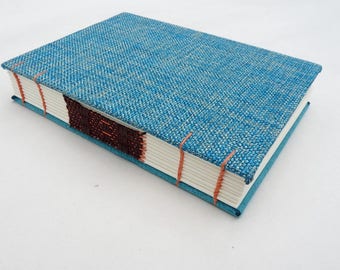 Turquoise, blue, journal, Coptic, woven spine, notebook, A6, faux suede