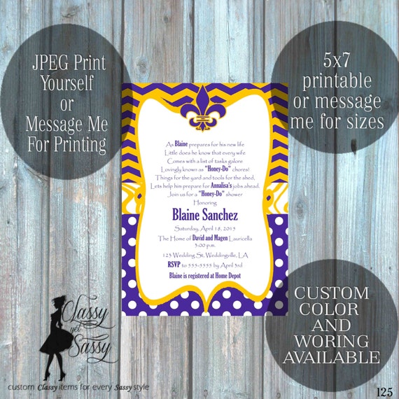 Honey-do Shower Invitation,LSU Honey-Do Wedding Shower Invitation, Couples Shower party Invitation 125