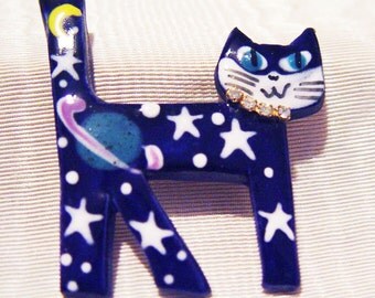 Cosmic Cat Pin-Cobalt Blue Ceramic Rhinestone-Moon Stars