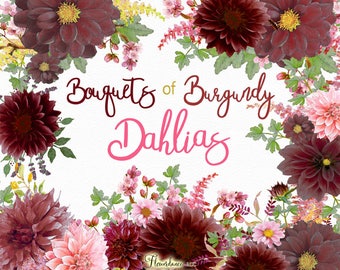 Watercolor Dahlia bouquet png, Burgundy Dahlia flower clipart, burgundy clipart, boho clipart, burgundy flowers clipart, wedding invitation