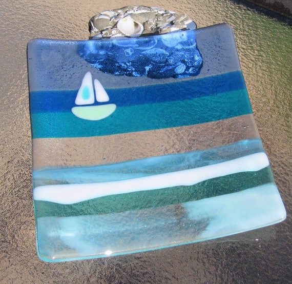 Fused Glass Plate Glass Ocean Beach Decor Glass Boat At Sea