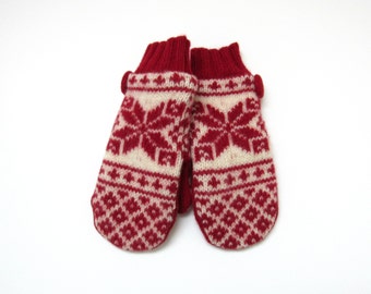 Wool Mittens Fleece Lined Red and Cream Nordic Snowflake Fair Isle Felted Wool Sweater Mittens
