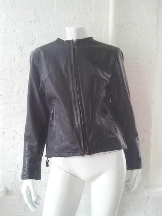 Womens Moto Jacket Black Leather Motorcycle Jacket 80s Vintage Moto 70s Cafe Racer Women S Large Xl Mod Biker Minimalist Collar