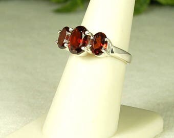 Garnet Ring, Size 7, Vivid Red Color, Large Garnets, Well Matched, Sterling Silver, January Birthstone, 3 Stone Garnet Ring, Red Garnet Ring