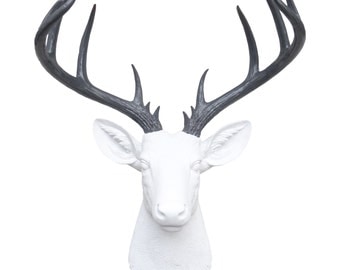 Large Deer Head - White and Gray Deer Head Wall Mount - 14 Point Stag Head Antlers Faux Taxidermy ND0115