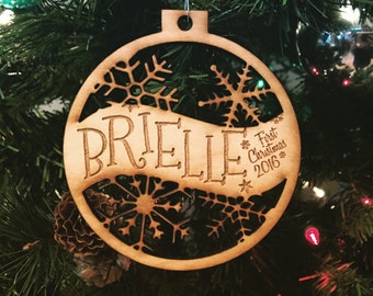 Brielle - Customizable Baby's First Christmas Ornament - Engraved Birch Wood Ornament