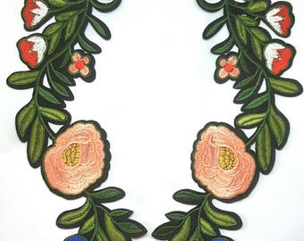 2pcs - Pair of Extra Large Pink Flower Embroidered Applique Patches. Iron On or Sew On Flower Badges Collar for T-shirts, Jackets 20.3cm