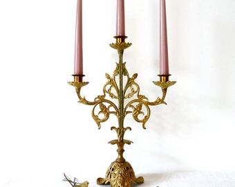 RESERVED Church Altar Candelabra - Antique Brass French Church Candle Holder - church Altar Candle holder - Gilded Candlestick - 1800s