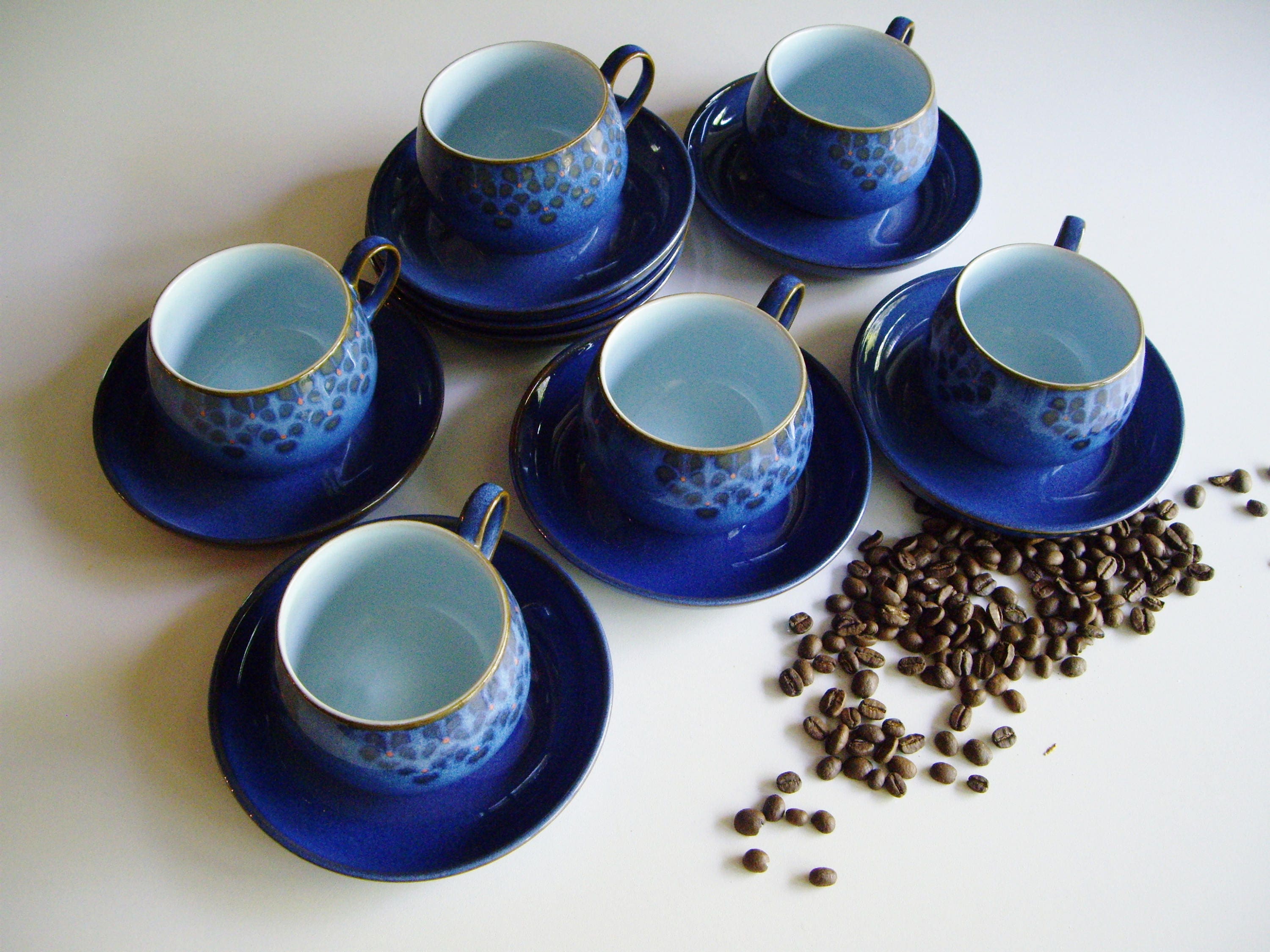 Vintage Denby Coffee Cups And Saucers Blue Stoneware Set Of