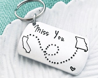 Choose ANY 2 States! Long-Distance Keychain "Miss You" - Hand Stamped by Eight9Designs