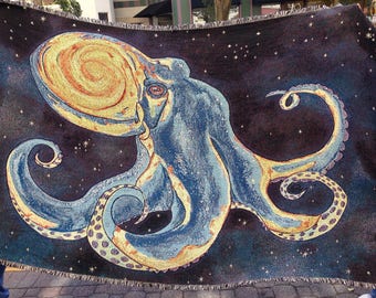 Octopus Blanket 100% Cotton Woven & Made in USA (Preorder) - Visionary, Psychedelic, Galaxy, Hippie, Bohemian, ocean, sea creature, kraken