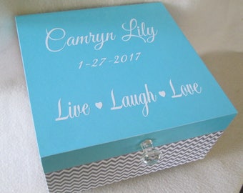 Large Aqua Blue and Gray Chevron Memory Box, Keepsake Box, Large Aqua and Gray Keepsake Box, Personalized Keepsake Box, Gift