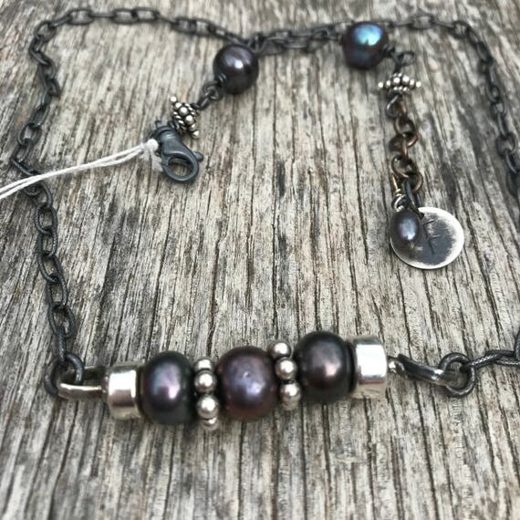 Oxidized Sterling and Black Pearl Necklace - Raw - Rustic Artisan Urban - Sundance Style