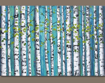 FREE SHIP large abstract painting, birch trees forest, blue green, birch tree painting, landscape painting, wall art on canvas, 24x36