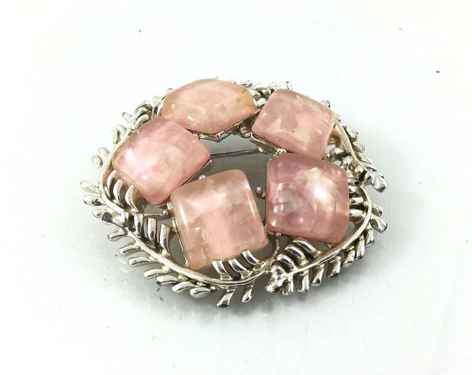Sparkly Vintage Coro Pink Thermoset Brooch, Irredescent light pink cabochons, flower shape, signed jewelry. Twig form.