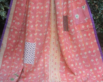 Purple/Tangerine Kantha Quilt, Purple Kantha Throw,Purple Sari throw,Patchwork Kantha, Patchwork Throw, Vintage Kantha Quilt,