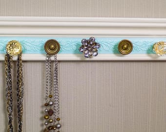 YOU CHOOSE 5,7 Or 9 KNOBS Jewelry organizer This necklace holder on off-white w/ embossed turquoise section makes beautiful jewelry storage