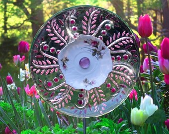 Repurposed Garden art, handmade Garden Sculpture, Repurposed Décor and Glass Yard Art sun catcher with recycled glassware
