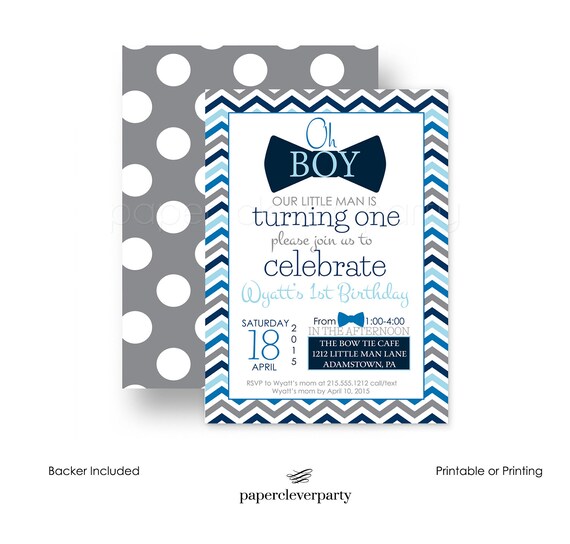 Nifty Bow Tie First Birthday Invitations for Baby Boys -- Modern Chevron - Kids Cake Smash -- Little Man Invite -- Party Printable - Printed Il_570xn