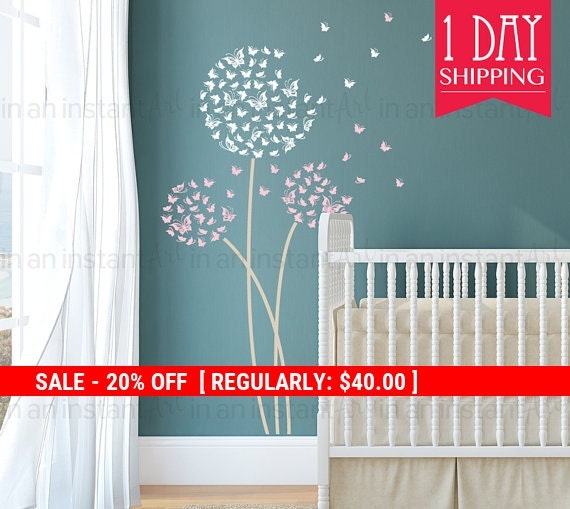 Butterflies Dandelion Wall Decal Butterfly door InAnInstantArt