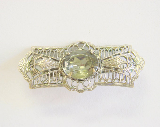 Antique 1930s Art Deco Filigree Smoky Green Faceted Glass Brooch Vintage Jewelry Jewellery