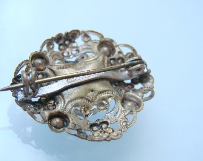 Victorian Aquamarine Paste Enamel Brooch / Goldtone Floral Accent / Vintage Jewelry / Jewellery