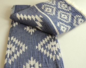 Turkish Towel Rug pattern Peshtemal towel Cotton Peshtemal in denim blue color soft