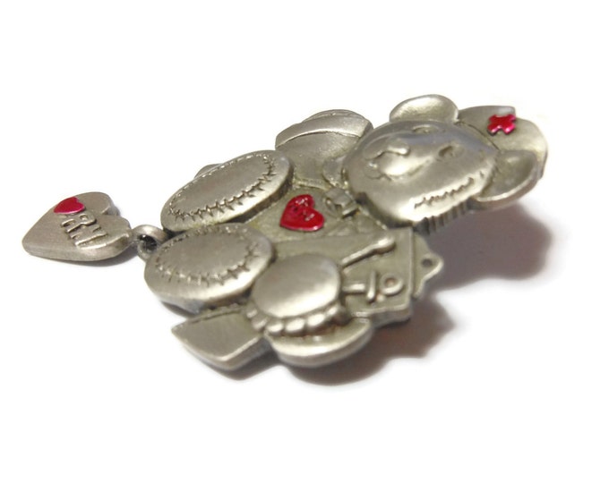 FREE SHIPPING Pewter nurse bear brooch, teddy as nurse, heart charm red enamel heart and RN on it, hat has red cross and red heart on chest