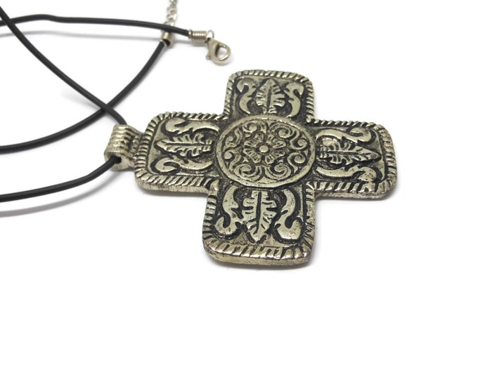 FREE SHIPPING Large unisex cross pendant, antiqued silver Swiss cross, ornate men or woman's cross, on black cord with extender chain