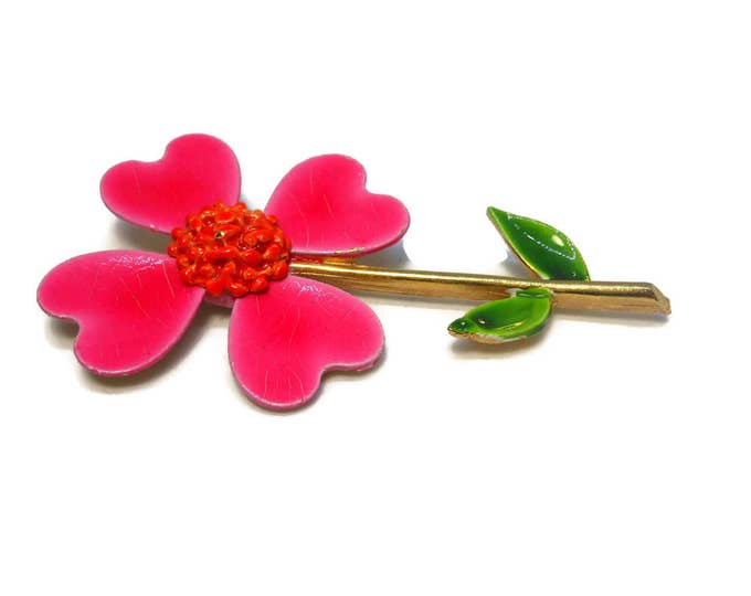 FREE SHIPPING Signed ART daisy brooch, large mod 1960s, pink and orange enamel flower, floral pin with textured center, flower power!