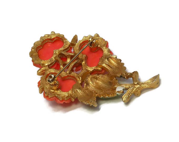 SALE Coral rose brooch, enamel coral roses, enamel, gold tone stem with green enamel leaves, orange pin 1960's