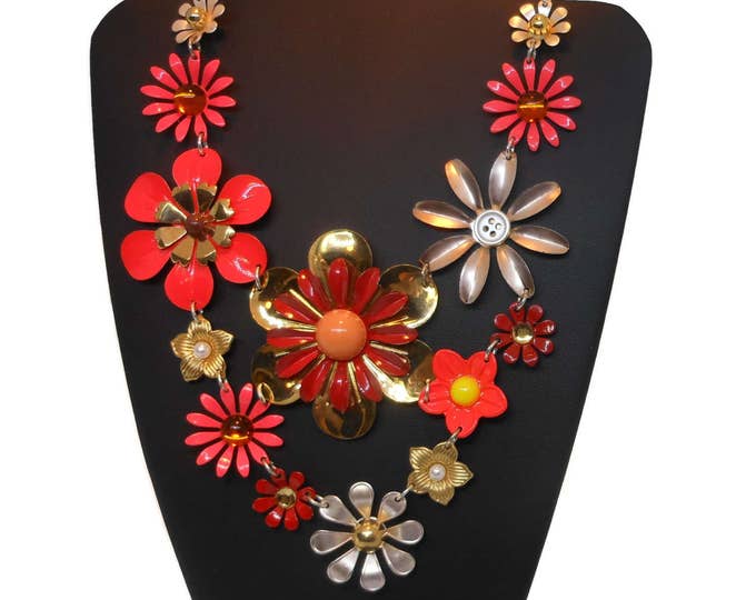 Avon floral bib necklace, Oranges burnt sienna, gold silver yellow, faux rhinestone, glass button and pearl centers, Desert Rose NWT on tag